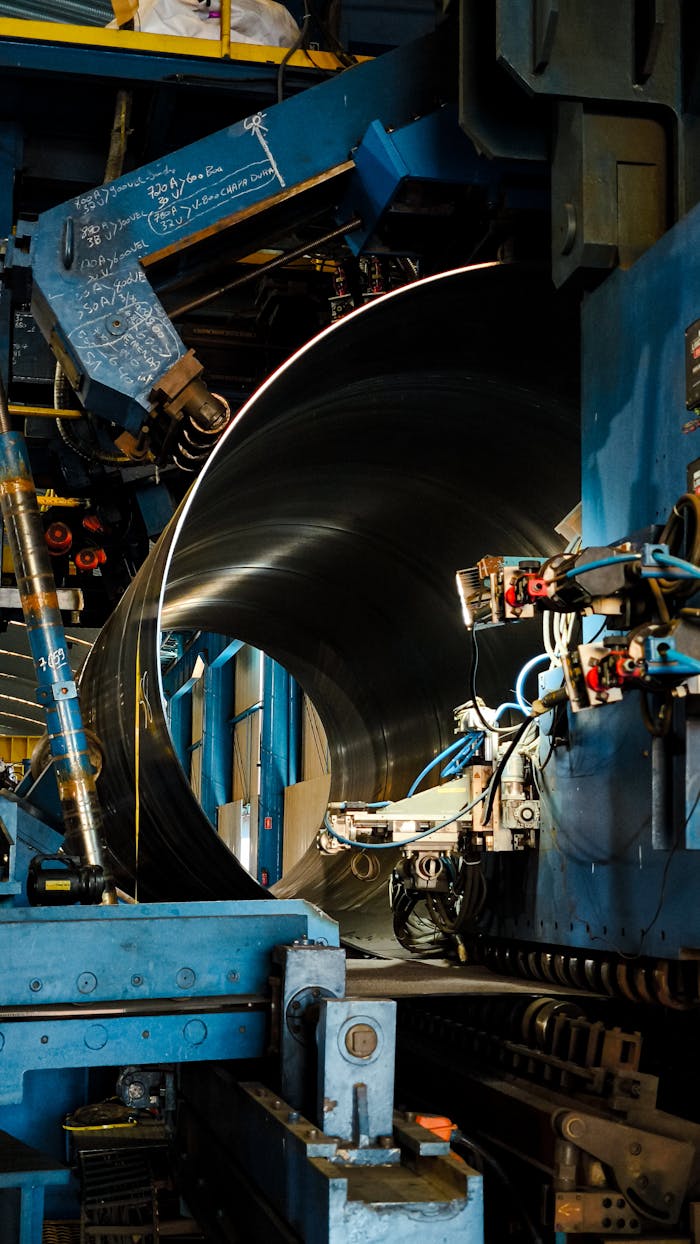 Close-up of a large industrial machine at work in a metal fabrication setting.